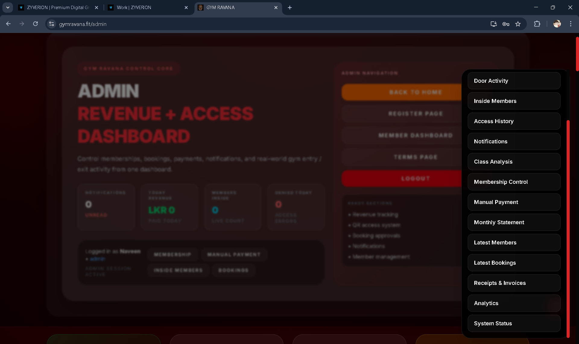 Gym Ravana admin panel preview